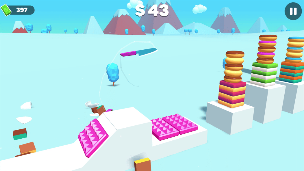 Slice Master knife flying toward stacks of donuts and colourful blocks