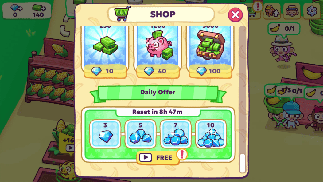Monkey Mart shop screen showing cash bundles and a daily diamond offer