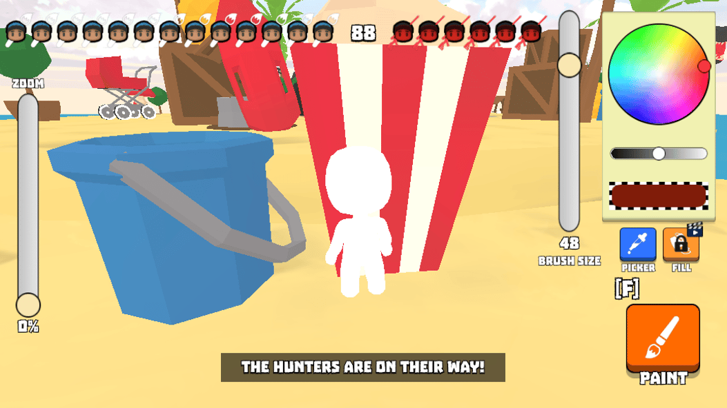 A player paints a large striped popcorn bucket while customizing colors to blend into the environment.