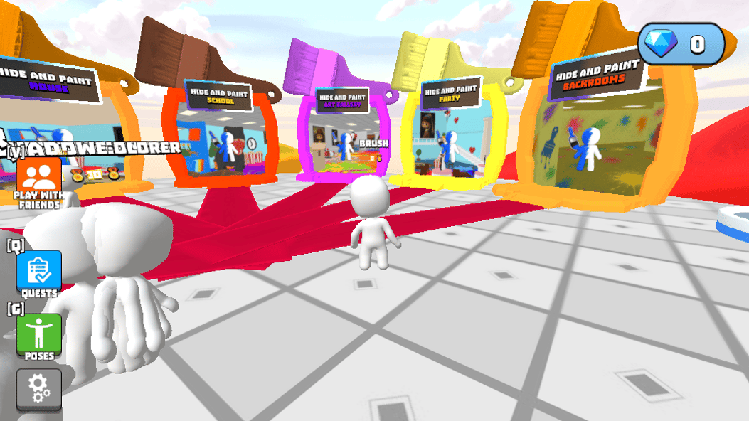 Players explore the lobby with portals leading to different Hide and Paint maps and themed locations.