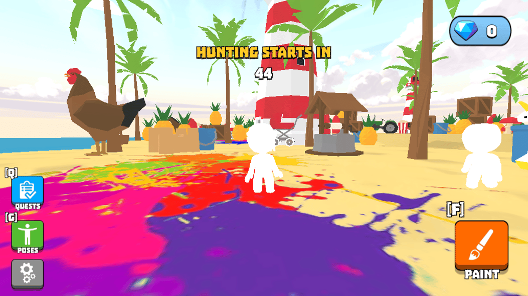 Players gather on a colorful beach map as the countdown begins before the hiding phase starts.