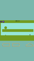 Vertical mobile gameplay showing a tiny character navigating a minimalist platforming level with on-screen controls and a large rolling obstacle.