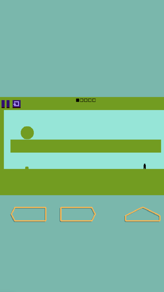 Vertical mobile gameplay showing a tiny character navigating a minimalist platforming level with on-screen controls and a large rolling obstacle.