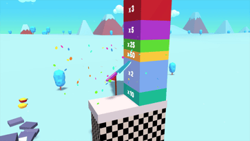 Slice Master knife reaching a colourful finish tower with score multipliers