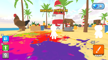 Players gather on a colorful beach map as the countdown begins before the hiding phase starts.